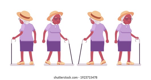 Old Black Woman, Elderly Person With Walking Cane. Senior Citizen Over 65 Years, Retired Grandmother, Old Age Pensioner, Nice Grandma. Vector Flat Style Cartoon Illustration Isolated, White Background