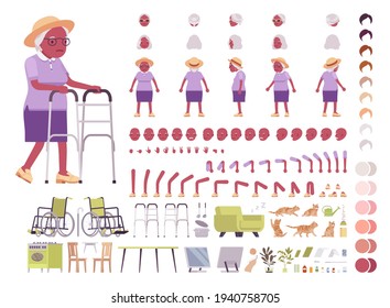 Old black woman, elderly person construction set. Senior citizen over 65 years, retired grandmother, old age pensioner. Vector illustration, different emotion, skin, hair tones