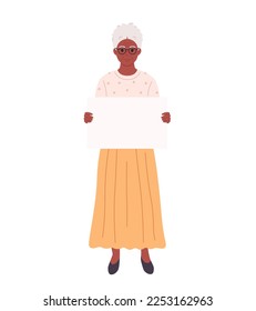 Old black woman holding clean empty banner or placard. Activism, social movement. Democracy, rally and protest. Vector illustration in flat style