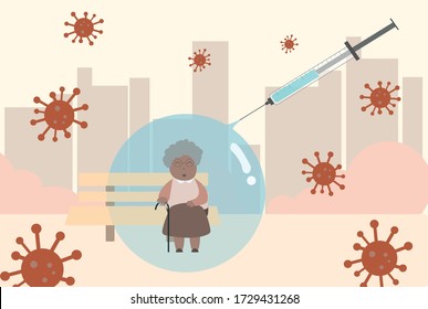 old black woman inside a bubble made by a vaccine like a shield on a bench in the park. Protection and prevention concept.
