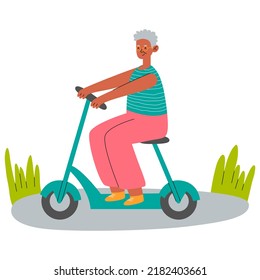 Old black woman on seat of electric scooter. Modern grandmother with eco-friendly moped. Rider sitting on chair of trendy urban transport.