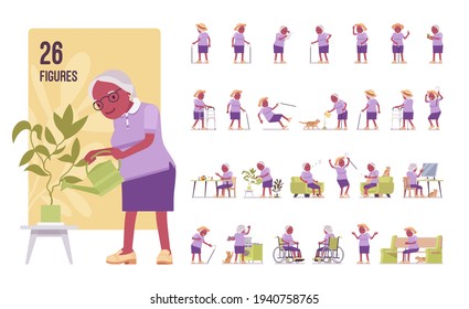 Old Black Woman Set, Elderly Person With Walking Cane Pose Sequences. Senior Citizen Over 65 Years, Retired Grandmother, Old Age Pensioner. Full Length, Different Views, Gestures, Emotions, Positions