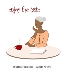 Old black woman sitting at a table at home or in a cafe with a cup of coffee or tea. Grandma thinks about her to-do list over a cup of coffee or tea. Vector illustration Eps10.