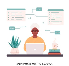 Old black woman working on computer at home. Programming, freelance, remote working. Modern technologies and old people. Vector illustration in flat style