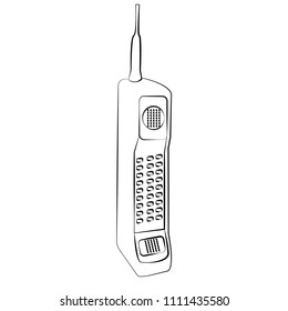 Old black-and-white bulk cellular large button square retro hipster vintage mobile phone with long antenna painted strokes.