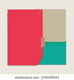 Old blank colored papers stick together by paper clip and adhesive tape on gray background square template graphic illustration.