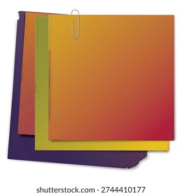 Old blank fluorescent colorful square paper rough texture overlap with paper clip isolated graphic illustration.