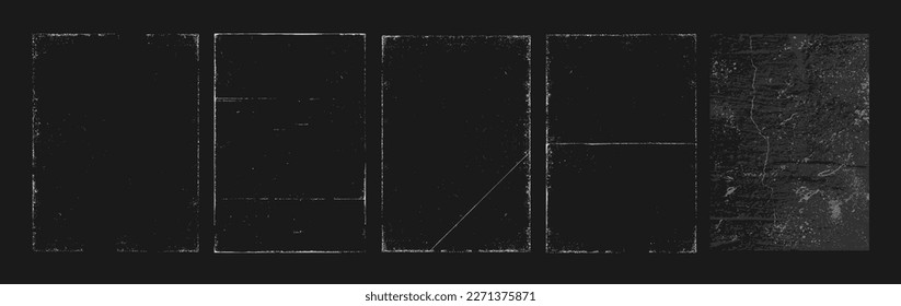 Old blank overlay texture set with effect damaged, concrete, dust, grunge, creases. Template stamps, scratched torn texture. Overlay texture with rough grunge shabby, distressed effect. Vector set - Shutterstock ID 2271375871