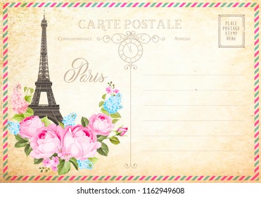 Old blank postcard with post stamps and eiffel tower with spring flowers on the top. Vector illustrtion.