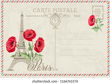 Old blank postcard with post stamps and eiffel tower with spring flowers on the top. Vector illustrtion.