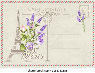 Old blank postcard with post stamps and eiffel tower with lavender and rose on the top. Vector illustrtion.