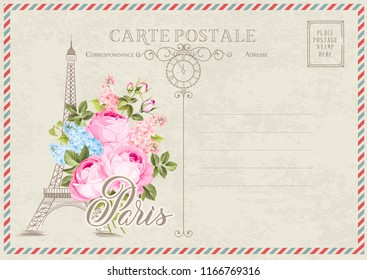 Old blank postcard with post stamps and eiffel tower with spring flowers on the top. Vector illustrtion.