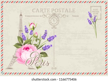 Old blank postcard with post stamps and eiffel tower with lavender flowers on the top. Vector illustrtion.