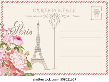 Old blank postcard with post stamps and eiffel tower with spring flowers on the top. Vector illustrtion.