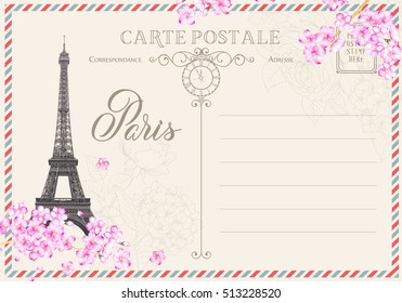 Old blank postcard with post stamps and eiffel tower with spring flowers on the top. Vector illustrtion.