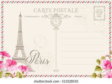 Old blank postcard with post stamps and eiffel tower with spring flowers on the top. Vector illustrtion.
