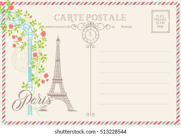 Old blank postcard with post stamps and eiffel tower with spring flowers on the top. Vector illustrtion.