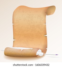 Old blank scroll paper and feather. Vector illustration.