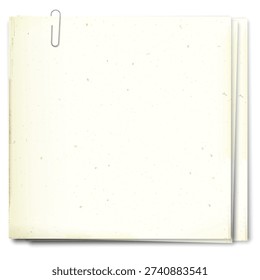 Old blank square papers with stains effect overlap and attached with paper clip isolated on white background graphic illustration.