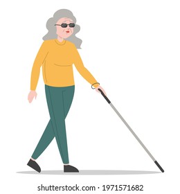 Old blind woman walking with a cane vector isolated. Female character in sunglasses with stick. Concept of people with disabilities. Impaired person