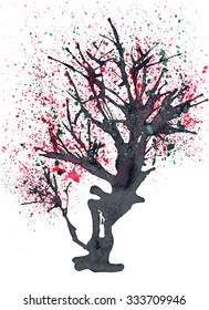 Old blossomed tree painted in ink. Wash drawing. EPS.10 vector illustration 