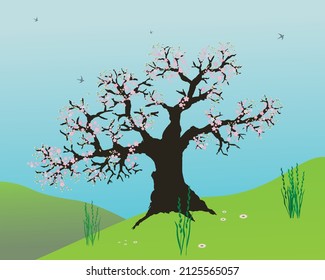 Old blossomtree in a landscape with hills. In the sky are birds.
