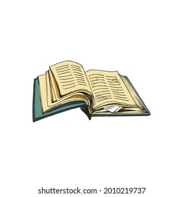 Old blue book in vintage sketch style vector illustration isolated on white background. Ancient education book with bookmark. Yellowed pages.