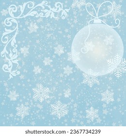 Old blue paper in vintage style with stars and balls. Winter postcard, frame, background, pattern, vector image