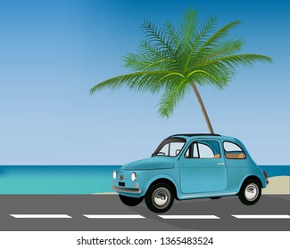 Old blue retro car on the road on the ocean. Summer. Vector illustration