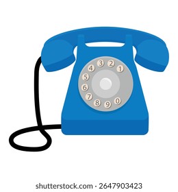 Telefone retro azul velho com placa de discagem isolada no fundo branco. Telefone antigo envelhecido. Ilustração vetorial