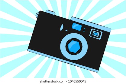 Old blue retro vintage antique hipster obsolete camera with a lens and a diaphragm against a blue triangle ray. Vector illustration.