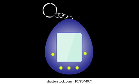 An old blue retro vintage antique hipster electronic toy tamagochi from the 80's, 90's for grooming a pet on a black background. Vector illustration.