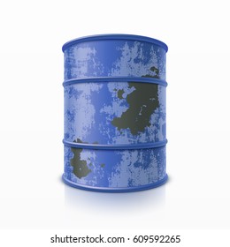 Old blue rusty metal barrel for different liquids