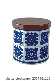 An old blue and white tin can with a brown lid and a beautiful ornament pattern. Cocoa powder has been stored in the jar.