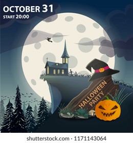 Old Board with a witch's hat and a pumpkin on the background of an old haunted castle