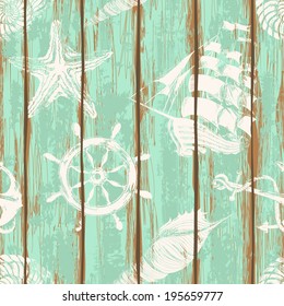 Alte Boards von Schiffsdecks, nahtlos gemalt mit Anker-, Rad-, Muschel-, Seesterne- und Segelbootdruck