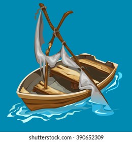 Old boat with a broken mast drifting in the ocean. Water transport. Vector illustration.