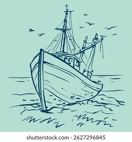 Old boat on the shore vector for illustration, card, decoration