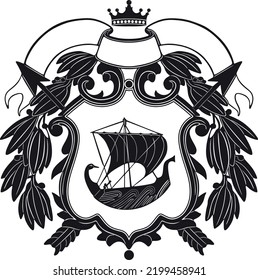 Altes Boot mit Vintage-Rahmen-Pfeil und Kronen-handgemachte Vektorgrafik