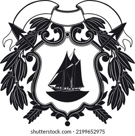 Old boat with vintage frame arrow and leaves handmade silhouette