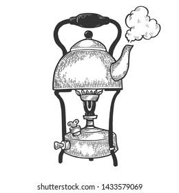 Old boiling kettle pot on primus stove sketch engraving vector illustration. Scratch board style imitation. Hand drawn image.