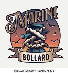 Old bollard. Vintage marine mooring sea bollard with rope knot tied on pier, nautical ship element, ocean port design