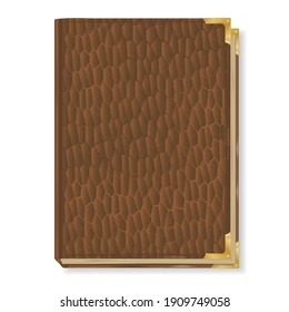an old book with a brown leather cover with gold corners