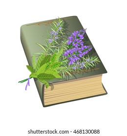 Old book with bunch of flowers. Sage and rosemary. Vector illustration.