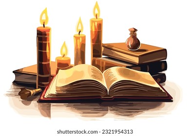 Old book and candles book in the background vector art illustration.