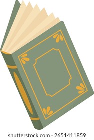 Livro velho com capa verde isolada em branco. Conceito de literatura desenhada à mão com páginas de papel