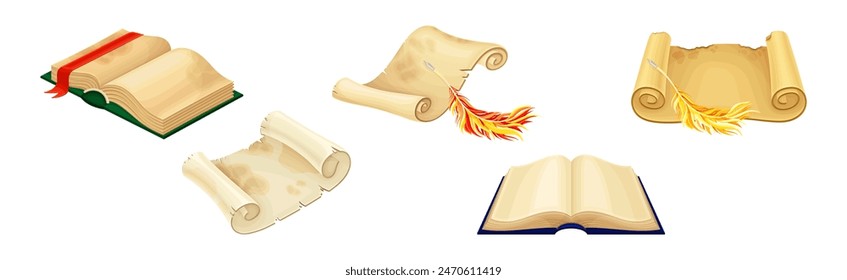 Old Book in Hard Cover with Pages and Scroll Vector Set