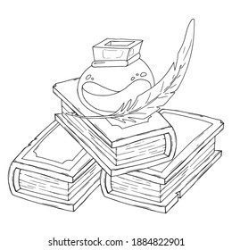 Viejo libro con tinta. Libro vectorial antiguo y pluma con tinta.