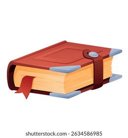 Livro antigo com capa de couro e marcador descansando sobre um fundo branco, apresentando um design clássico