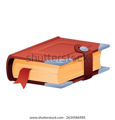 Old book with leather cover and bookmark resting on a white background, showcasing a classic design